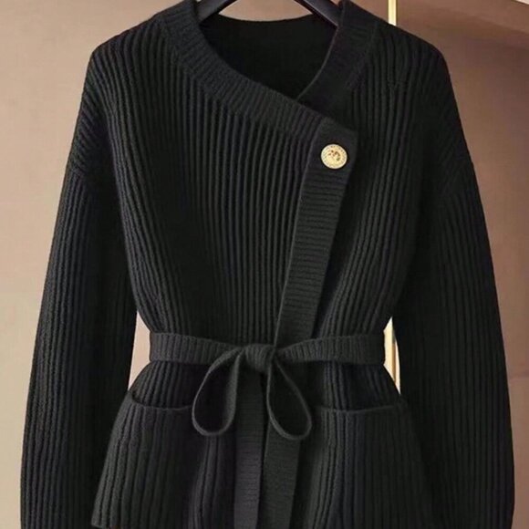 Sweaters - Black Casual Women's V-Neck knit sweater Cardigan